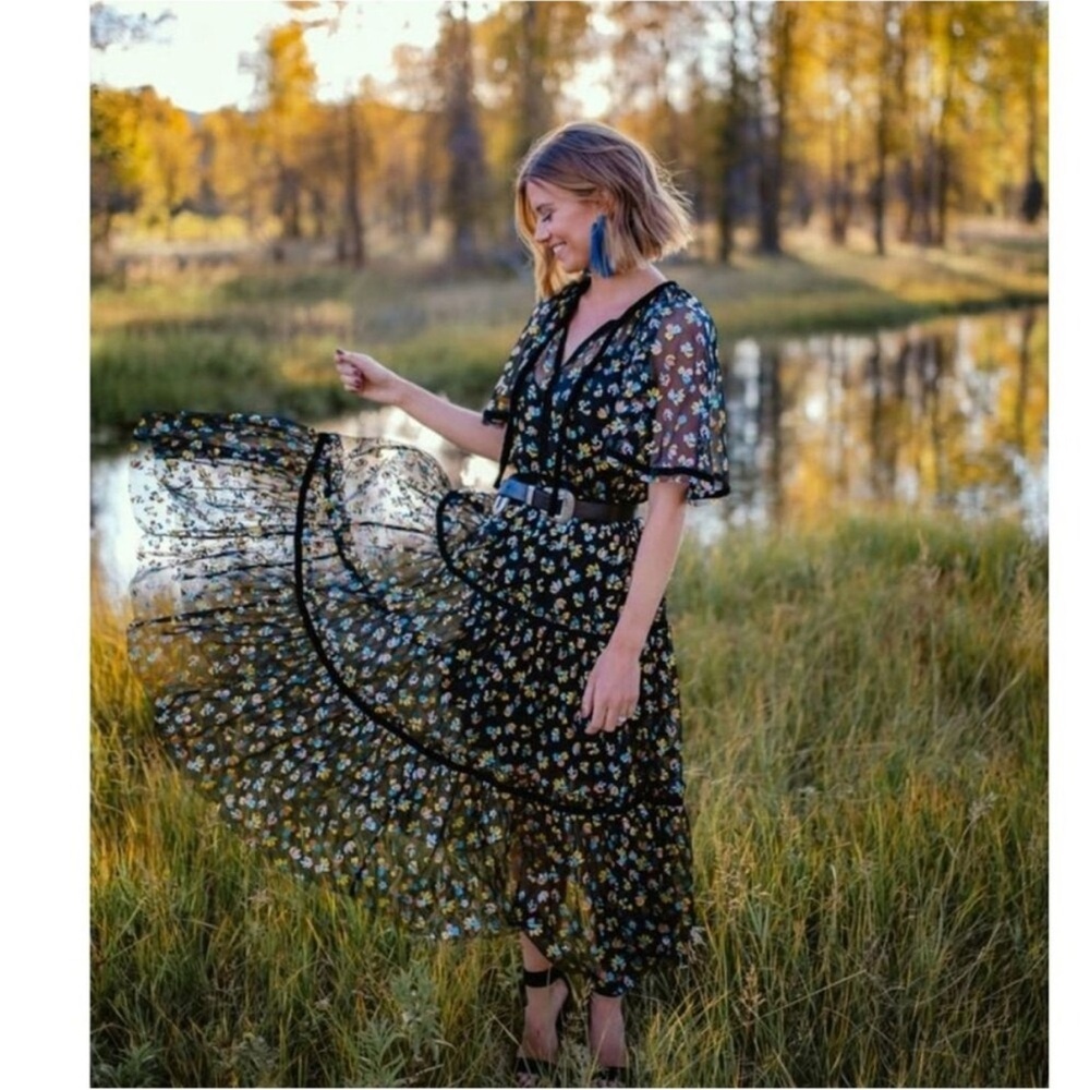 Free People Practical Magic Midi Dress Black Floral Mesh Sheer Size L - Picture 4 of 8